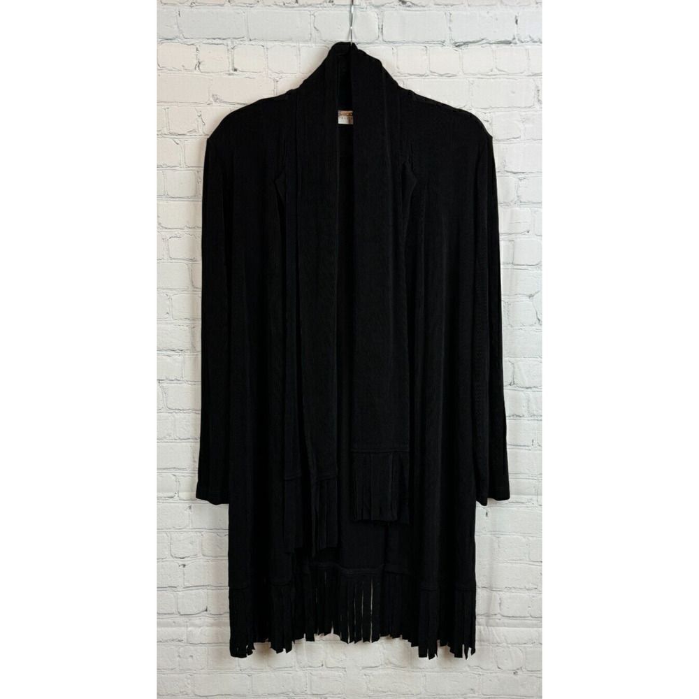 CHICO'S TRAVELERS black knit fringe scarf open front cardigan sweater 1 M NWOT